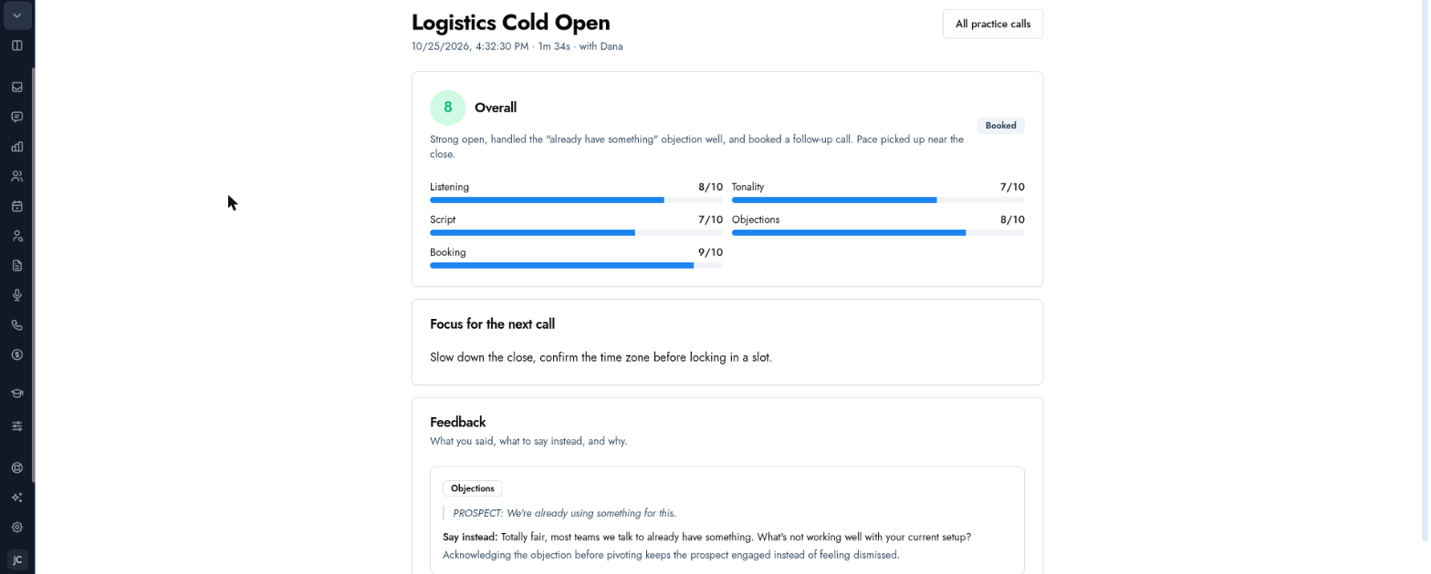AI-scored practice call with per-skill scores and feedback on what to say instead