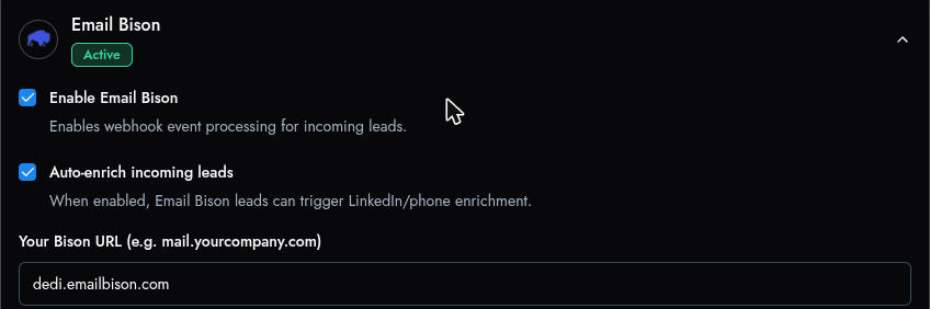 Lead Hero integration settings with a cold email sequencer connected