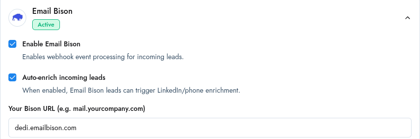 Lead Hero integration settings with a cold email sequencer connected